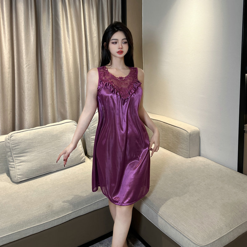 Sling Nightgown Purple Style Sexy Girl's Wind-style Bed Attack Speed Skirt Silk-like Outfit Robes for Home 4002