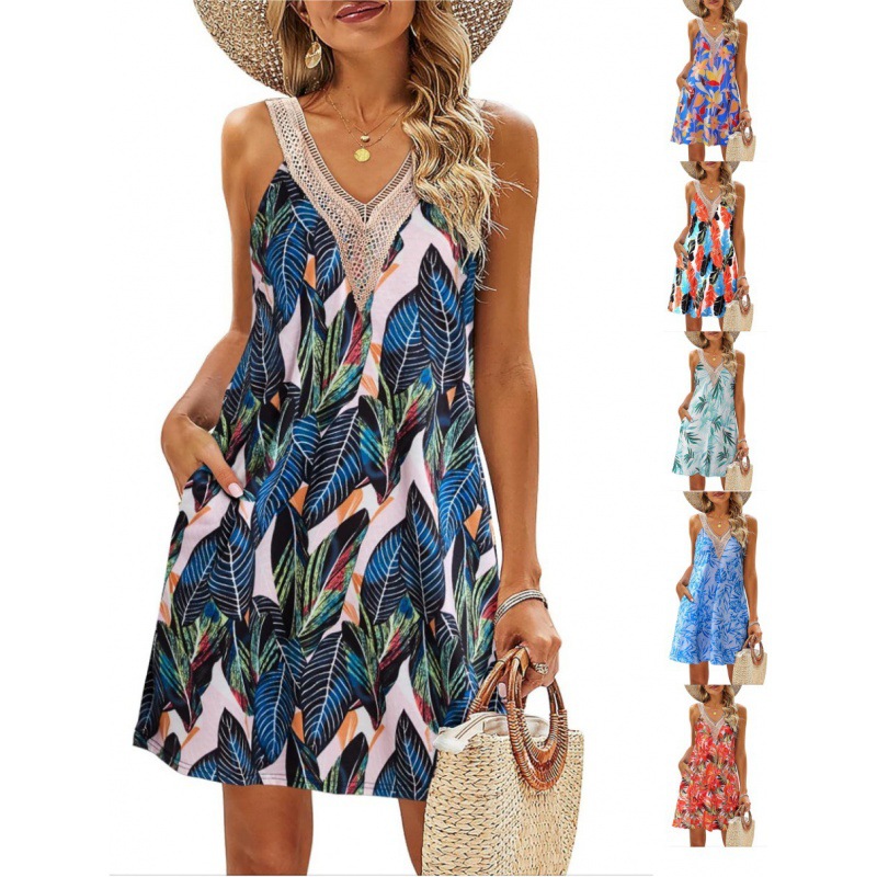 2025 Cross-Border Women's Summer Beach Lace V-Neck Tank Top Casual Tropical Print Sleeveless Short Dress