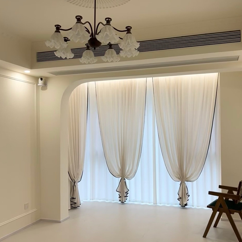 Picture of Black Edge Linen Yarn Curtain Yarn Curtain Light Transmitting and Impermeable Living Room Advanced Sense Shading 2024 New French Antique Style