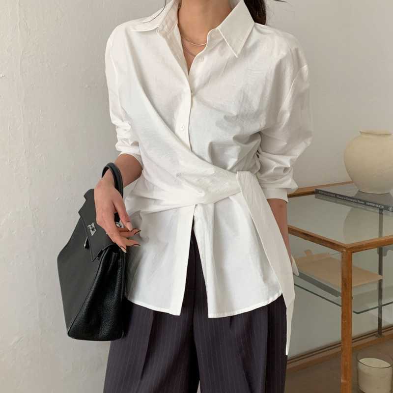 in stock South Korea Dongdaemun Temperament Design Sense Lapel Single-breasted Buckle Tape Waist Slimming Long-sleeved Shirt Top