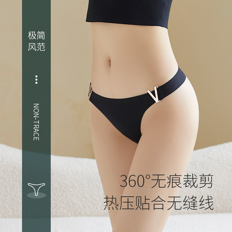 Picture of European and American sexy V-shaped metal thong ice silk underwear seamless hip lifting low waist high fork half sheath briefs for women