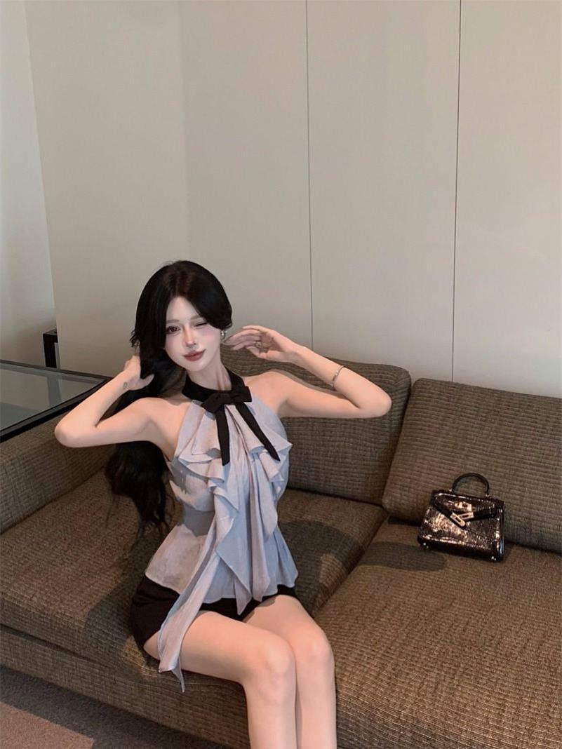 Korean Style Elegant Socialite Design Sense Blue Neck Bow Ruffled Shirt Women's Summer Sleeveless Waist Shirt