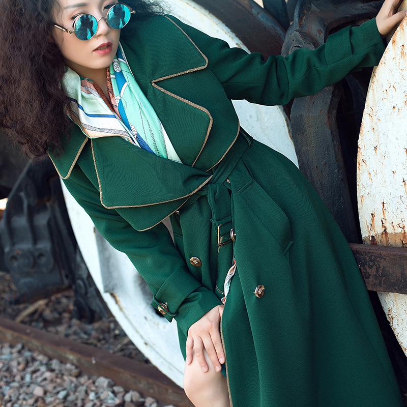 Picture of Dark Green Mid-Length Trench Coat 2025 Spring and Autumn New Slim-Fit Long Coat with a British Style and Double-Breasted Design