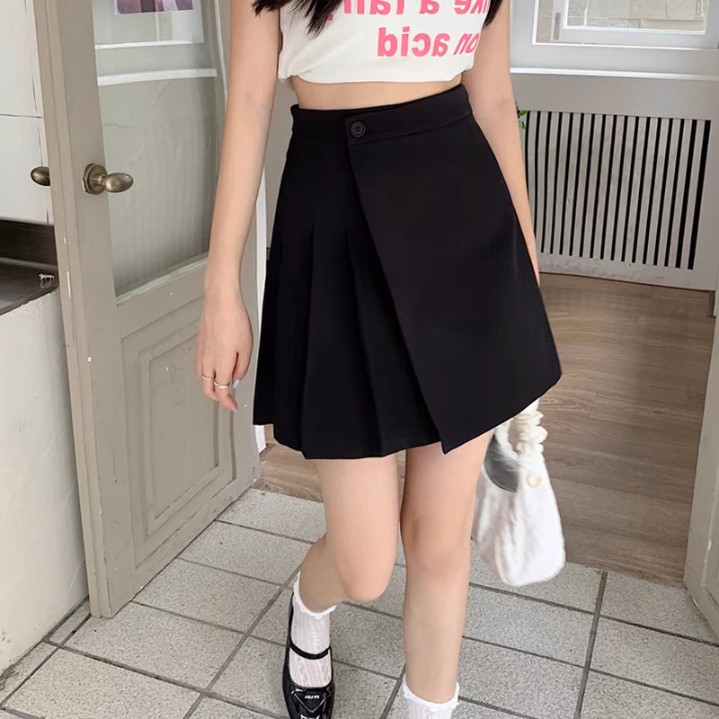 Grey Pleated Skirt Skirt Women's Spring and Summer New Design Sense Academic Style High Waist Slimming Irregular A- Line Skirt