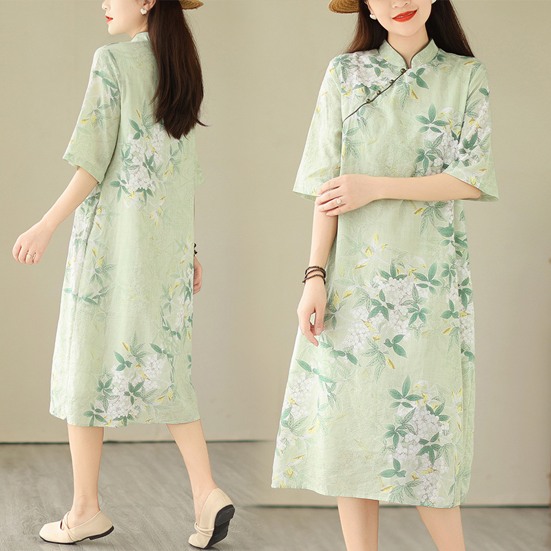Real shot 2024 Summer new retro printed National style diagonal stand collar cotton and linen dress improved cheongsam dress for women