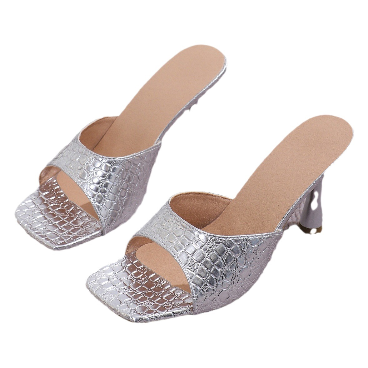 Foreign Trade Large Size High Heel Slippers Women's Summer New Snake Pattern Fine Heel Square Head Outer Wear Fashionable Large Size Sandals