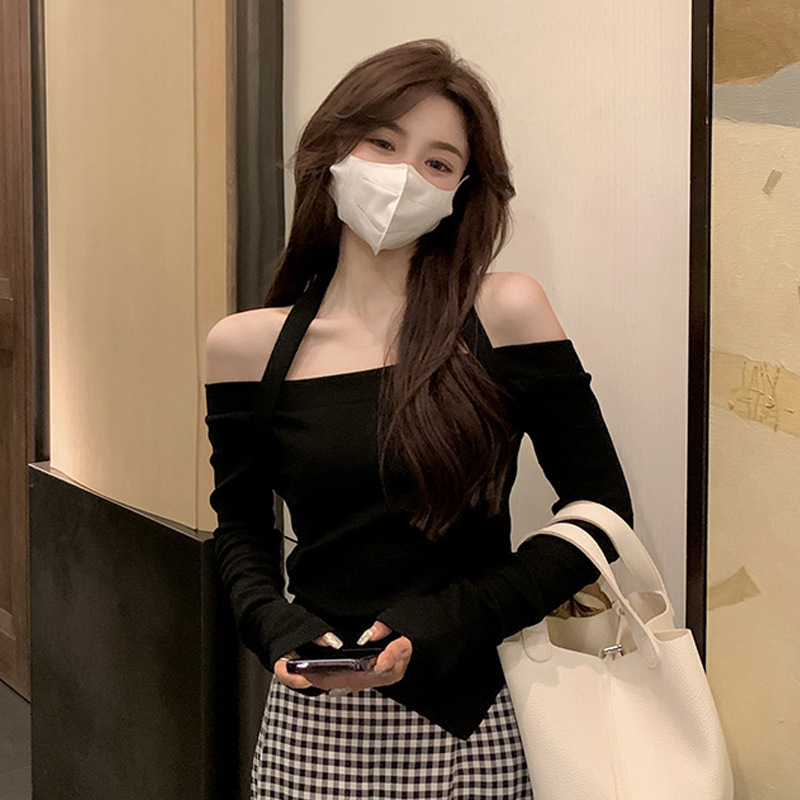 Sweet Sexy One-Shoulder Chic Short Top for Women Spring and Autum 2025 New Design Niche Inner Layering Shirt