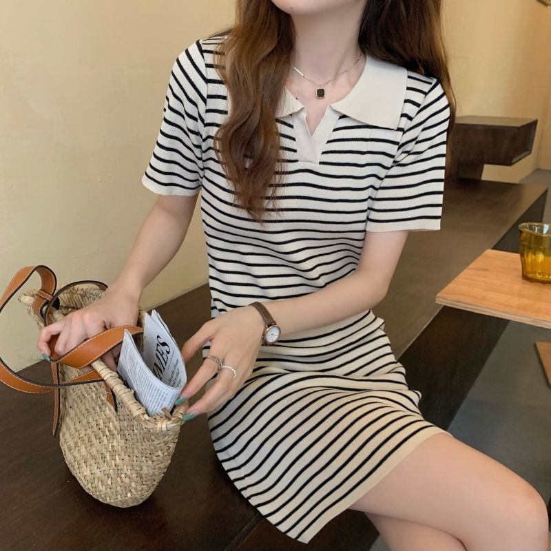 Striped POLO Collar Knitted dress Summer 2025 New Hong Kong Style Retro Chic One Step Hip Skirt