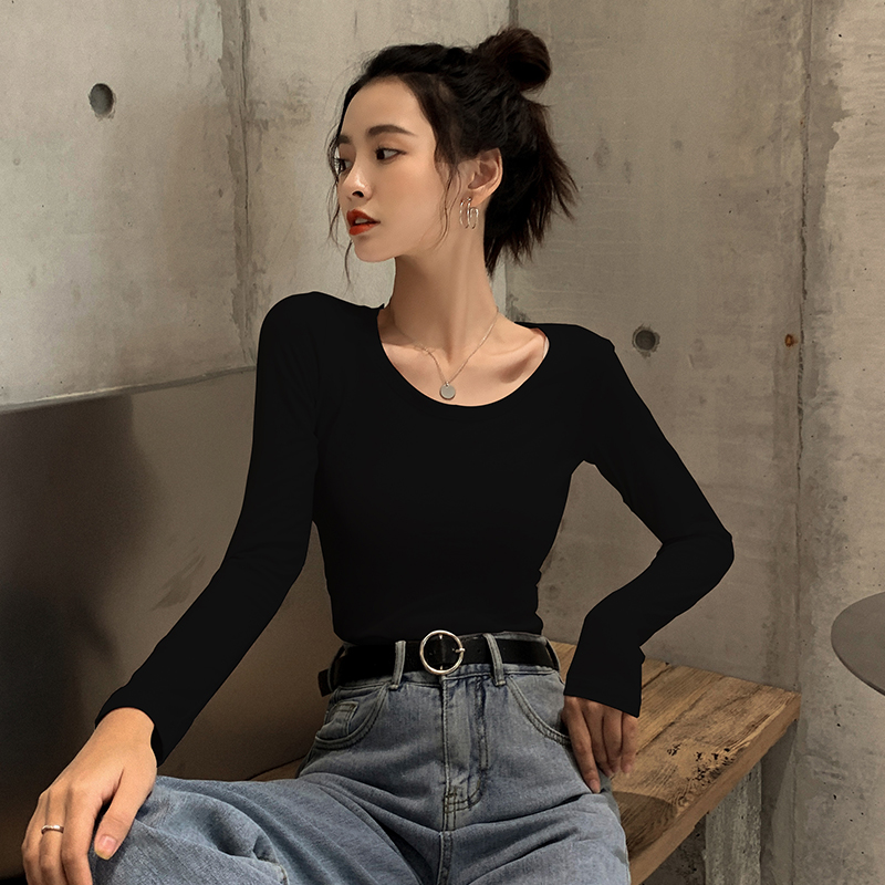 Picture of 2023 early autumn new round neck bottoming shirt Women's T-shirt long sleeve cotton slim fit tight top inner black thin