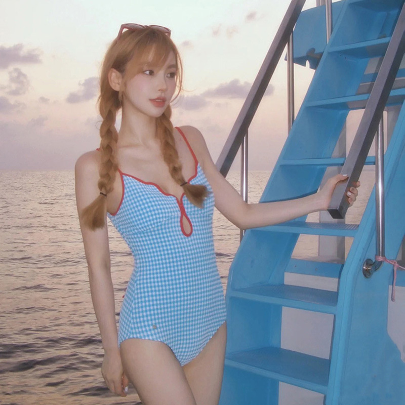 Pure Chanel Style Cute Girl Sweet Plaid Sexy Backless Simple Swimsuit for Women swimsuit