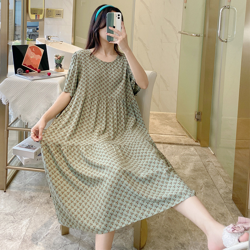 Spring and Summer Women's Nightgown Full Cotton Cotton Silk Short-sleeved Home Skirt Round Neck Flower Mid-length Skirt Plus Size