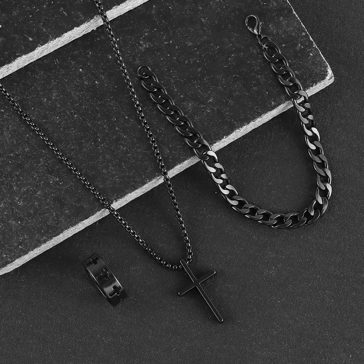 Cross-border Hot Sale Temu New Cross Jewelry Chain Ring Bracelet Necklace 3 suit Men Necklace suit