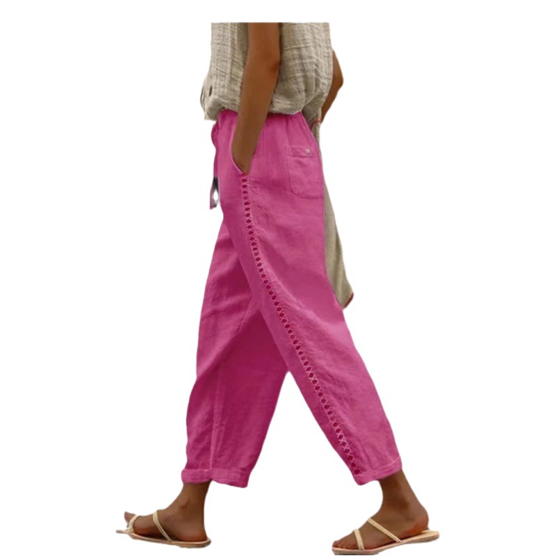 2023 European and American Cotton and Linen Pants Children's Summer Ankle-length Pants Loose Anti-cotton and Linen Loose Waist Wide Lace Rim Rim Leg Pants
