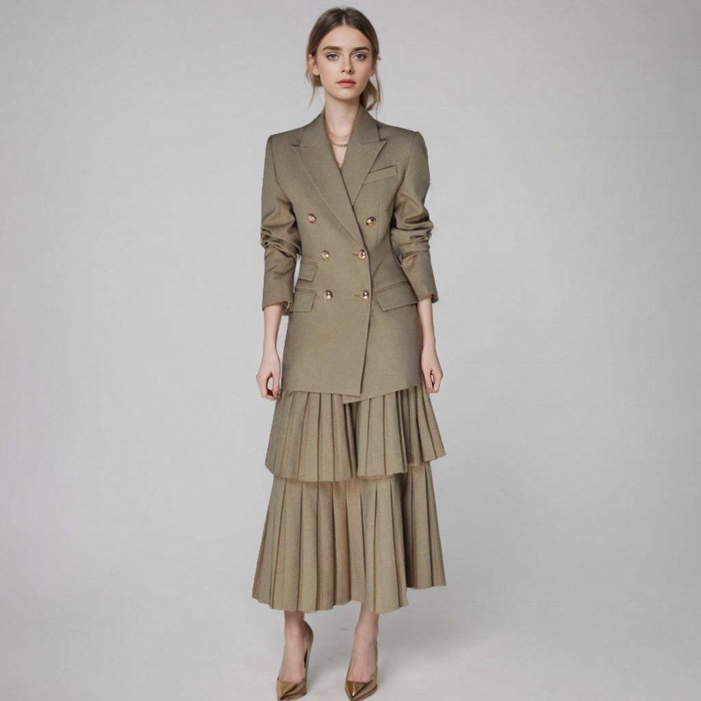French Temperament High-end Professional suit Women's Spring New Double-breasted Suit Jacket Pleated Overskirt Two-piece Set