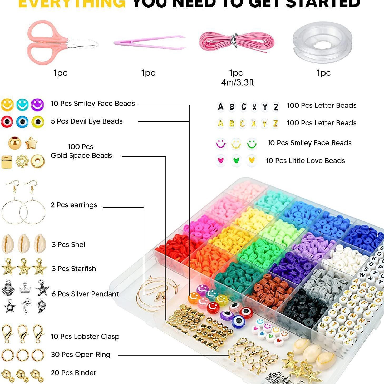 Picture of Soft Clay Soft Clay Pieces Millet Beads Letter Beads Loose Beads Spacer Beads Elastic Cord DIY Handmade Set Bead String Jewelry