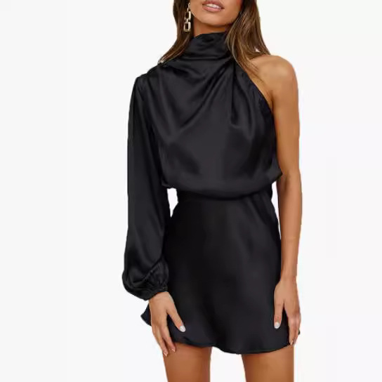 Spring 2024 Women's Satin Shoulder Long Sleeve Mini Skirt Silk Long Sleeve Crewneck Cocktail Skirt