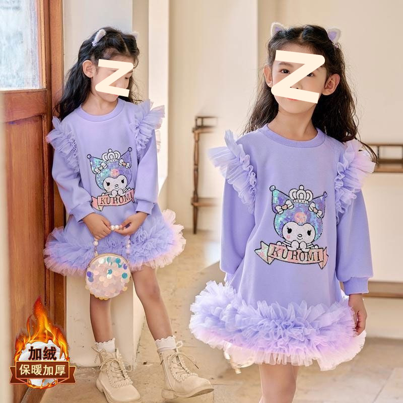Picture of Girls' Autumn and Winter New fleece-lined dress 2024 New Middle and Large Children's Cartoon Mesh Stitching Western Style Mid-length Dress Trendy