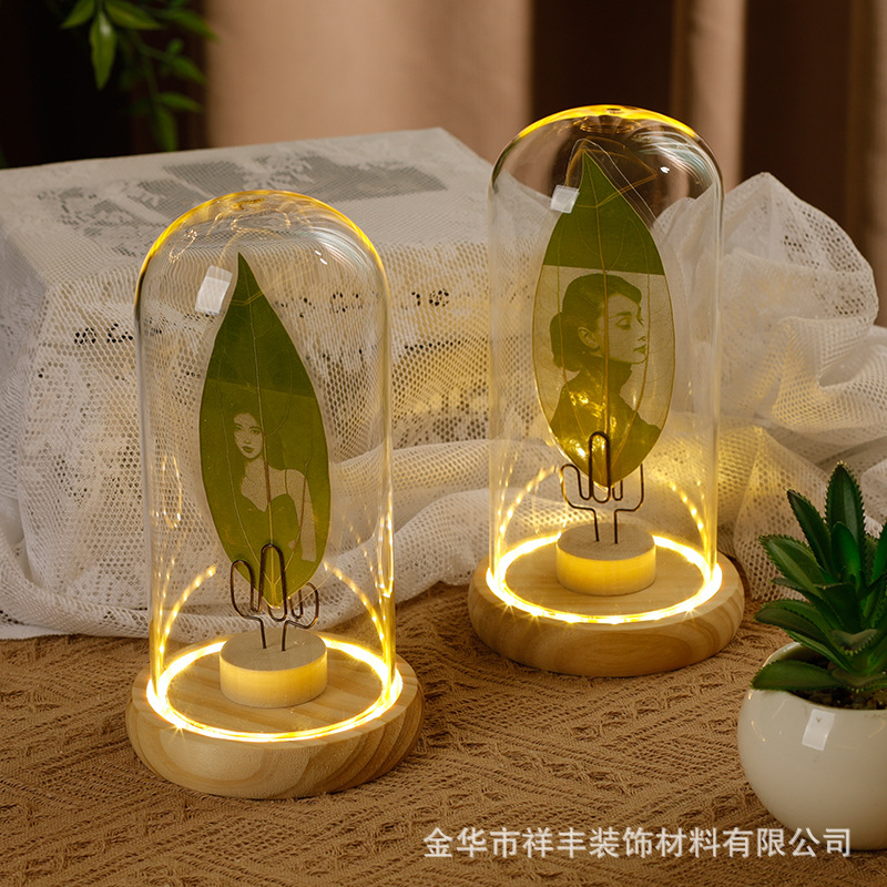 Glass cover with base with light leaf carving transparent picture frame ins postcard photo frame circular display photo frame manufacturers