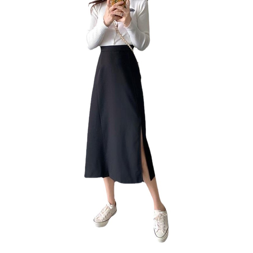 Black skirt women's summer long skirt 2023 Spring and Autumn New slimming high waist split sheath a-line short skirt