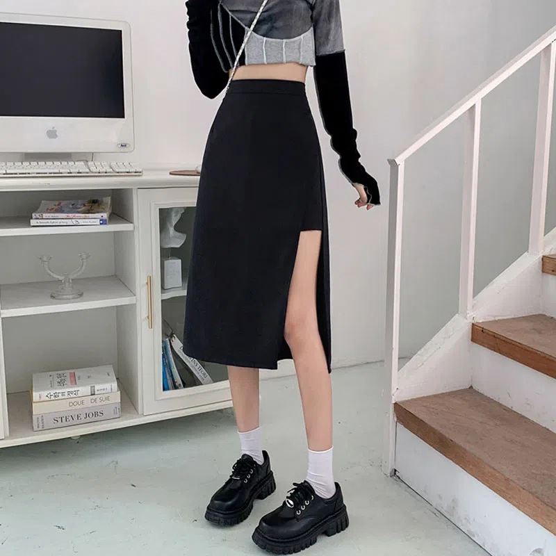 Picture of 2022 Autumn plus size chubby girl Long Black Skirt Women's High Waist Slimming Split Hip Covering A- shaped Hip Skirt