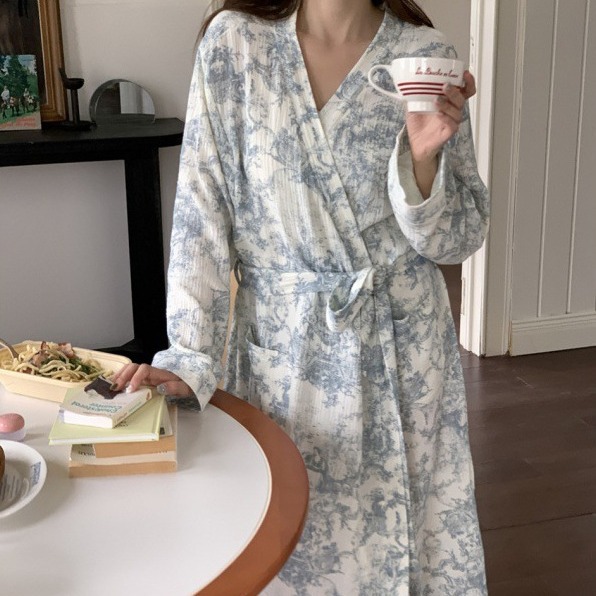 South Korea ins Women's Autumn New Korean Style Gentle Style Korean Style Ink Flower Sweet Home Clothes Nightgown Bathrobe Women