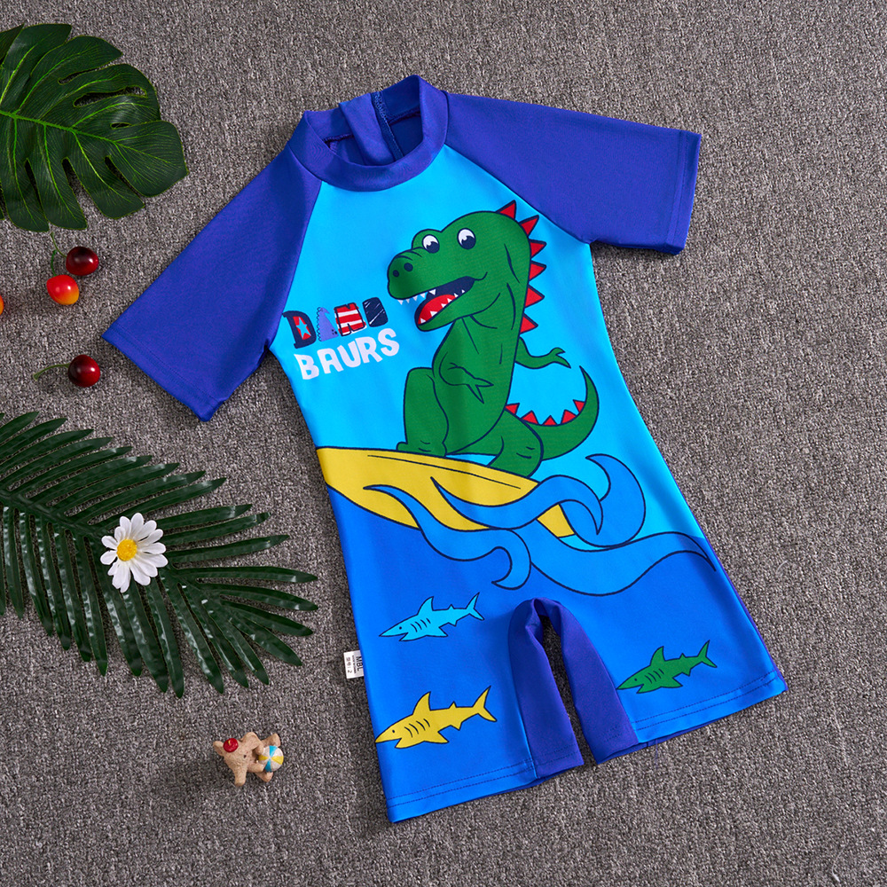 Boys' Short-sleeved One-piece Swimsuit 2025 Summer New Children's Sunscreen Boys' Seaside Cartoon Swimsuit Equipment