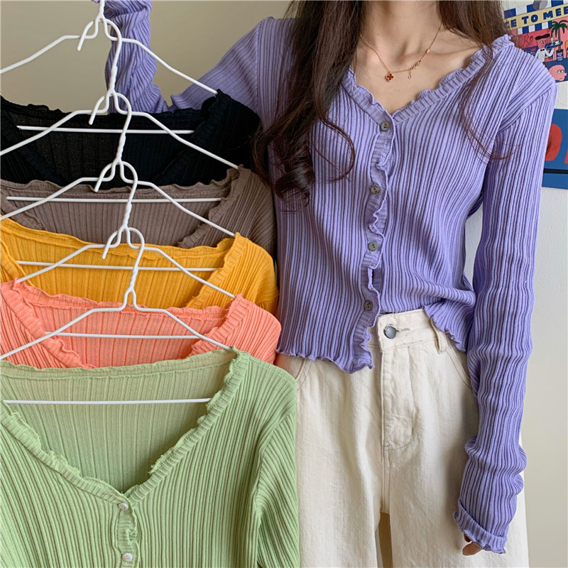 Picture of New Korean-style short bm thin top long-sleeved sweater women's purple V-neck slim-fit sunscreen cardigan Ice Silk