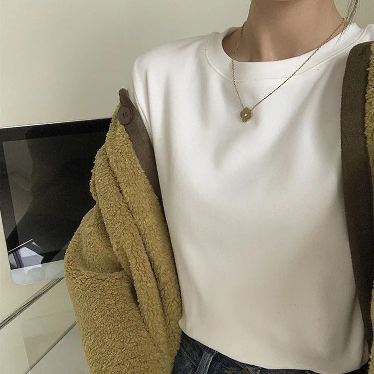 Women's Autumn and Winter Double-Sided Sanding Warm Round Neck All-Match Long-Sleeved T-Shirt Top