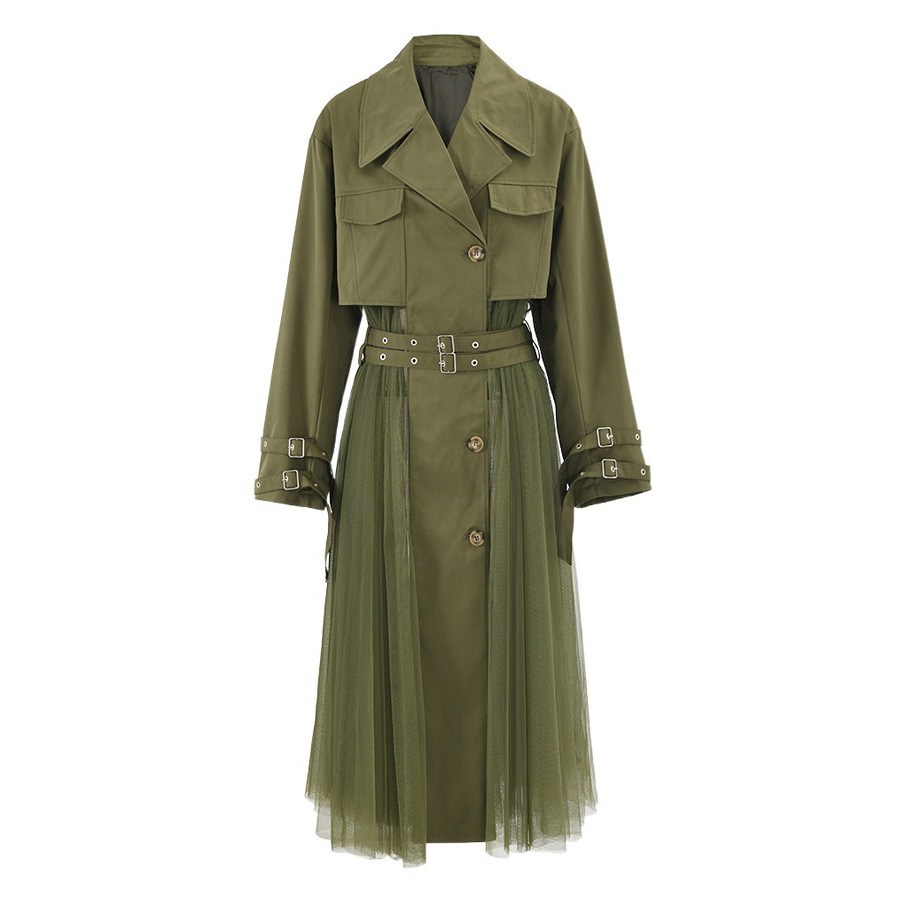 Autumn and Winter new mesh hem stitching fashion dress advanced belt slimming cuff strap suit collar trench coat