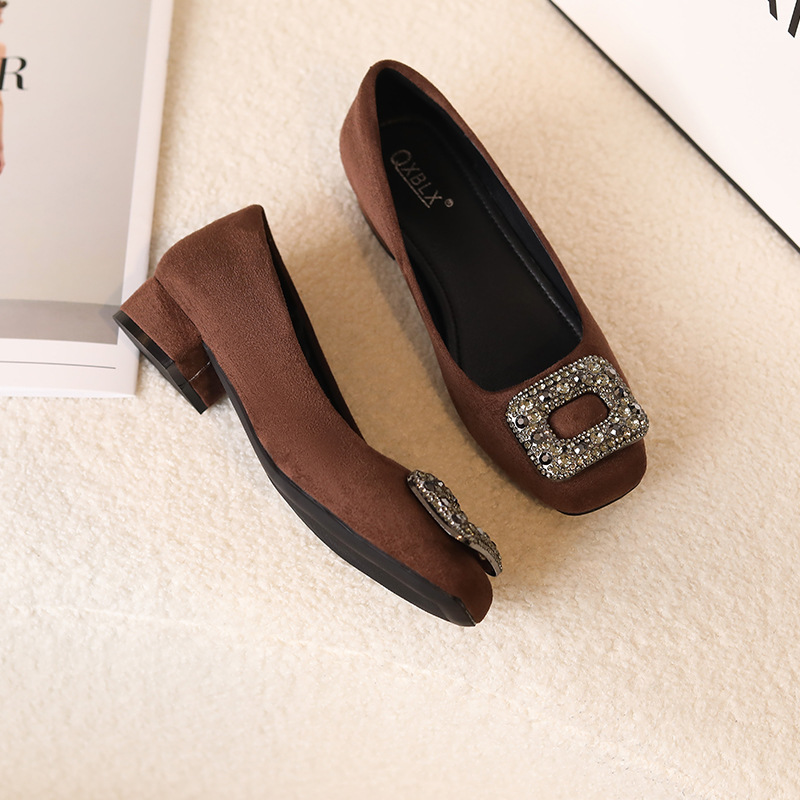 2025 Spring Thick Heel Black Work Shoes Professional Standing Not Tiring Feet Rhinestone Square Toe Low Heel Work Shoes Single Shoes for Women