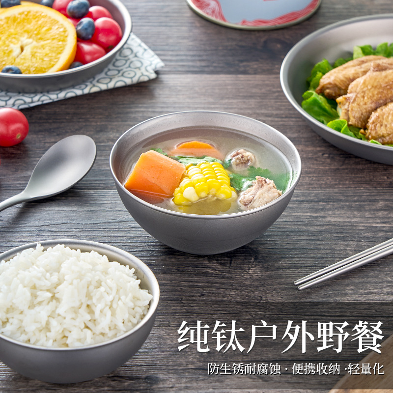 Pure titanium Bowl set factory wholesale titanium bowl chopsticks spoon outdoor camping portable tableware picnic titanium alloy Rice Bowl