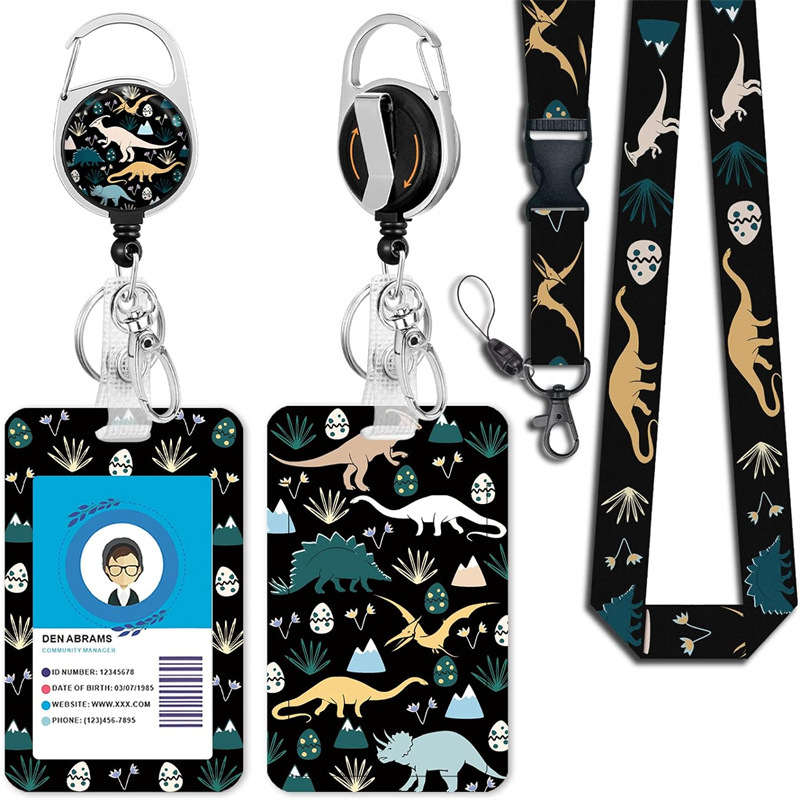 dinosaur polyester removable lanyard uv double-sided printing card sleeve retractable easy pull buckle printable logo