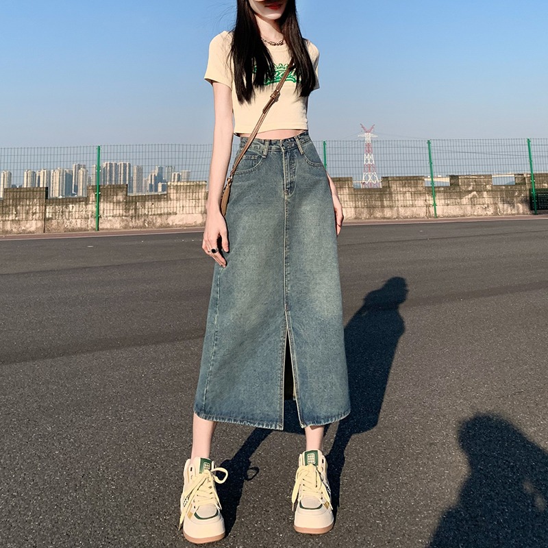 Slit Denim Skirt for Women 2023 New Summer High-Waisted Mid-Length Hip-Covering A-Line Small Butt-Covering Skirt