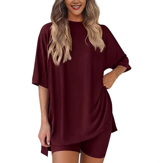 Picture of Cross-border foreign trade Amazon 2025 new women's casual round neck split loose shorts short sleeve home clothes suit