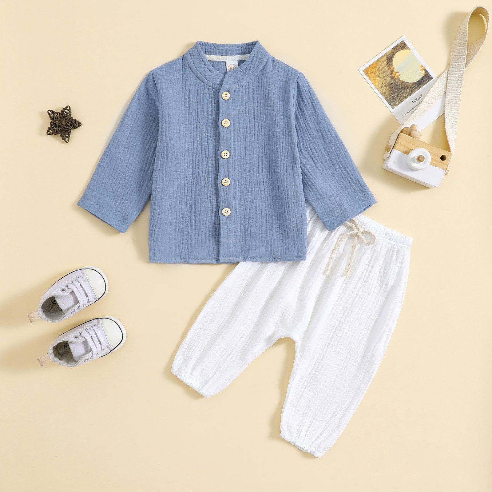 Picture of European and American Cross-Border Boys and Girls Morandi Color Front Strap Two-Piece Set Infant Cotton Shirt Long-Sleeved Pants Solid Color