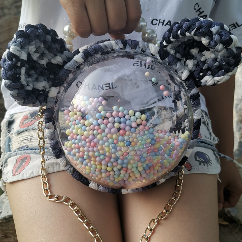 Picture of Handmade woven cloth line bear Mickey bag material bag transparent hemisphere acrylic Pearl handbag satchel