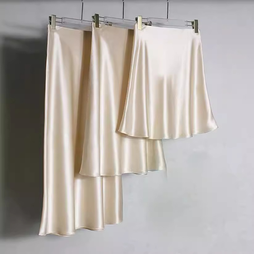 Imported Acetate Satin Silky Midi Skirt for Women, Champagne Color, Short Skirt, Mid-Length Skirt, Drapey Elastic Waist, Fishtail A-Line