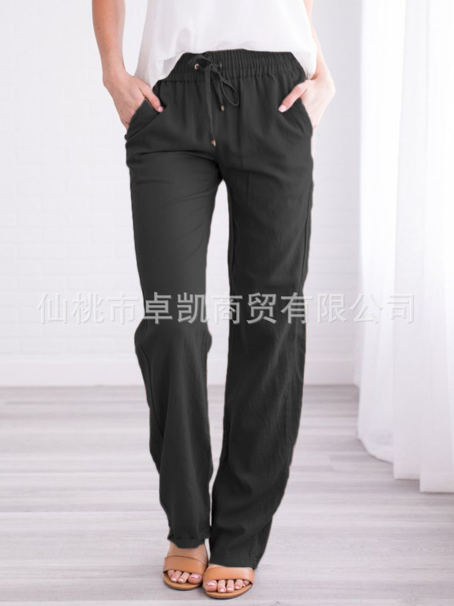 Picture of 2025 Cross-Border Ebay Amazon Wish Spring and Summer New Pure Color Cotton and Linen Loose Drawstring Casual Wide-Leg Pants for Women