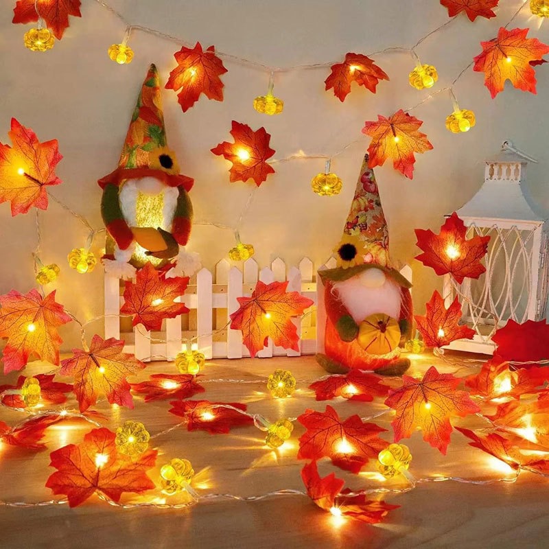 Picture of Autumn send cool maple leaf pumpkin atmosphere lamp room decoration outdoor fence hanging lamp LED lamp string