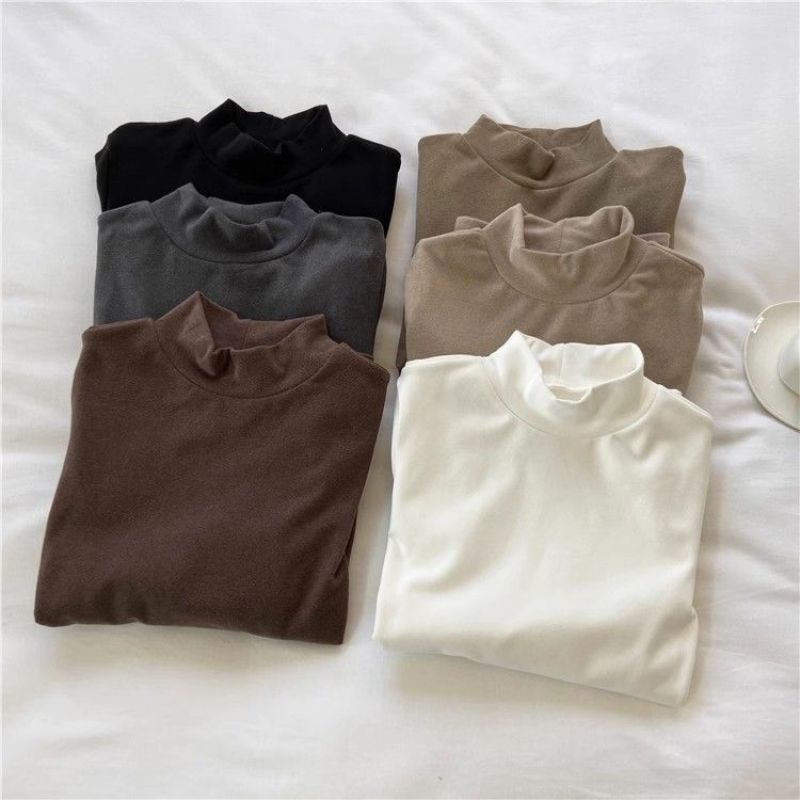 Solid Color Semi-high Collar Base T-shirt Women's 2025 Autumn and Winter New All-match Fashionable Simple Long-sleeved Velvet Top