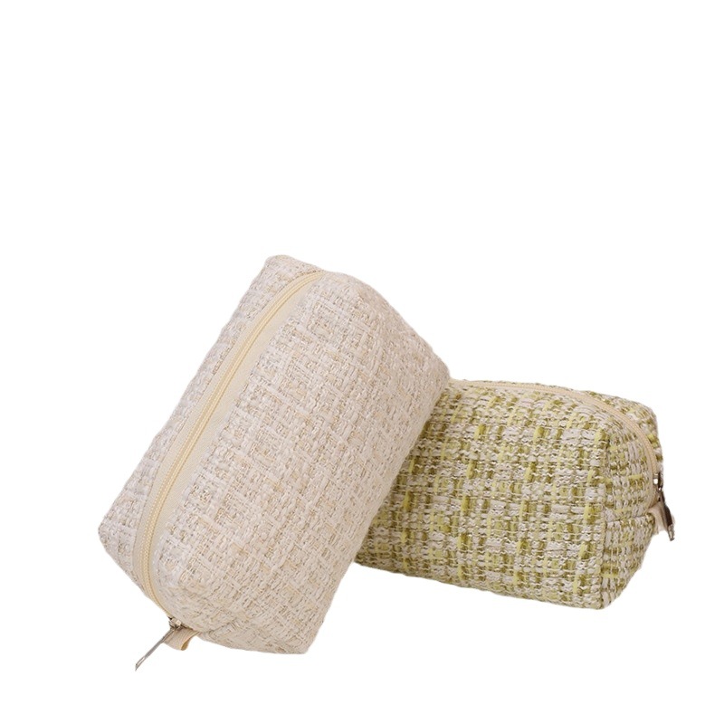 Korean ins Fresh Green Plaid Love Embroidered Cute Cosmetic Bag Large Capacity Canvas Portable Storage Bag