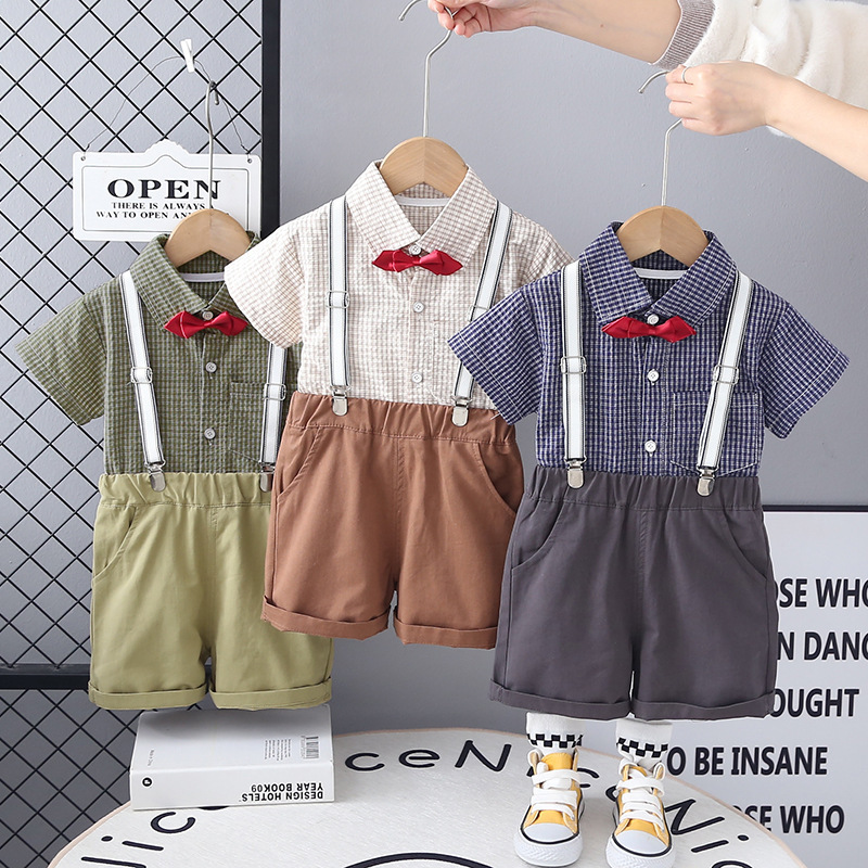 1-5 Years Old Korean Children's Strap Shorts Summer 2025 Boys Lar Plaid Shirt Short-sleeved Children's Wear Two-piece Set