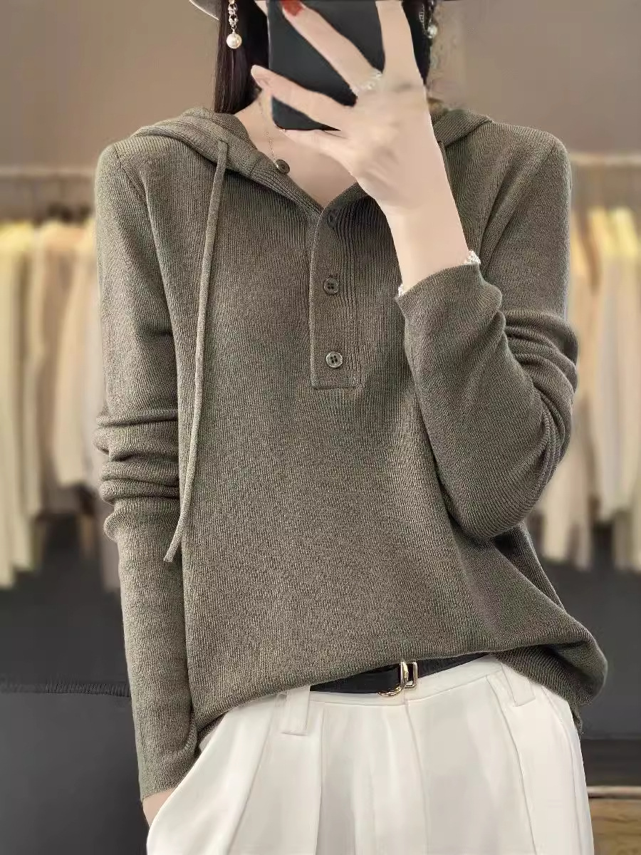2024 Autumn and Winter New V-Neck Button Hooded Knitwear Loose All-match Slimming Sweater Simple Casual Top