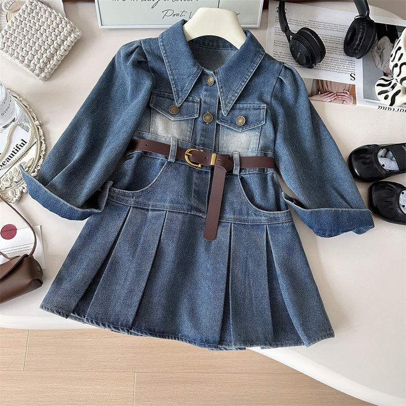 Picture of [Pre-Sale] Korean Style Girls' Denim Skirt, Autumn 2025 New Model, Fashionable Belt Dress for Little Girls, Children's Trendy Clothing