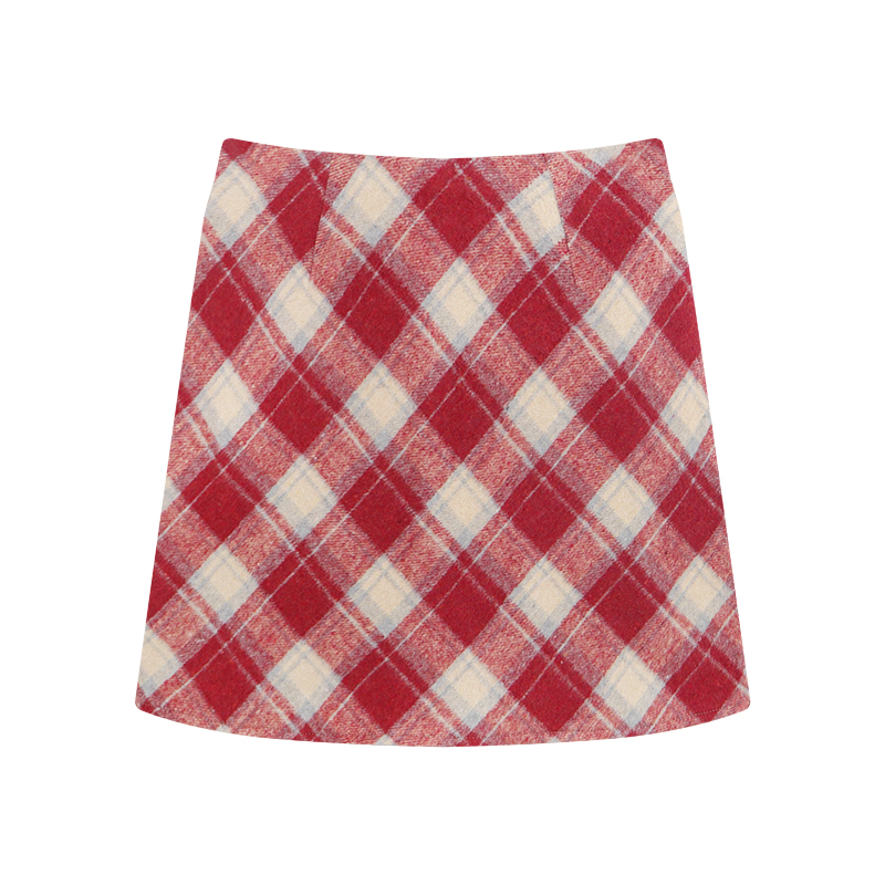 Red Plaid Wool Skirt Women's Spring Autumn and Winter 2024 New Slimming High Waist Hip Skirt A- line Short Skirt