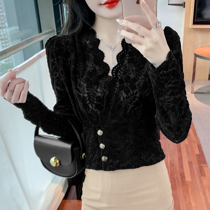 Picture of 2023 Autumn and Winter New Collar Wavy Edge Shirt Lace Shirt Women's Western Style Slim Fit Slimming fleece-lined Thickened Base Shirt