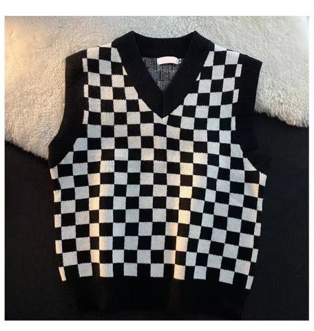 Picture of Spring and Autumn 2022 New Vest Knitted Women's Checkerboard V-Neck Top Lazy Style Outer Sweater Jacket
