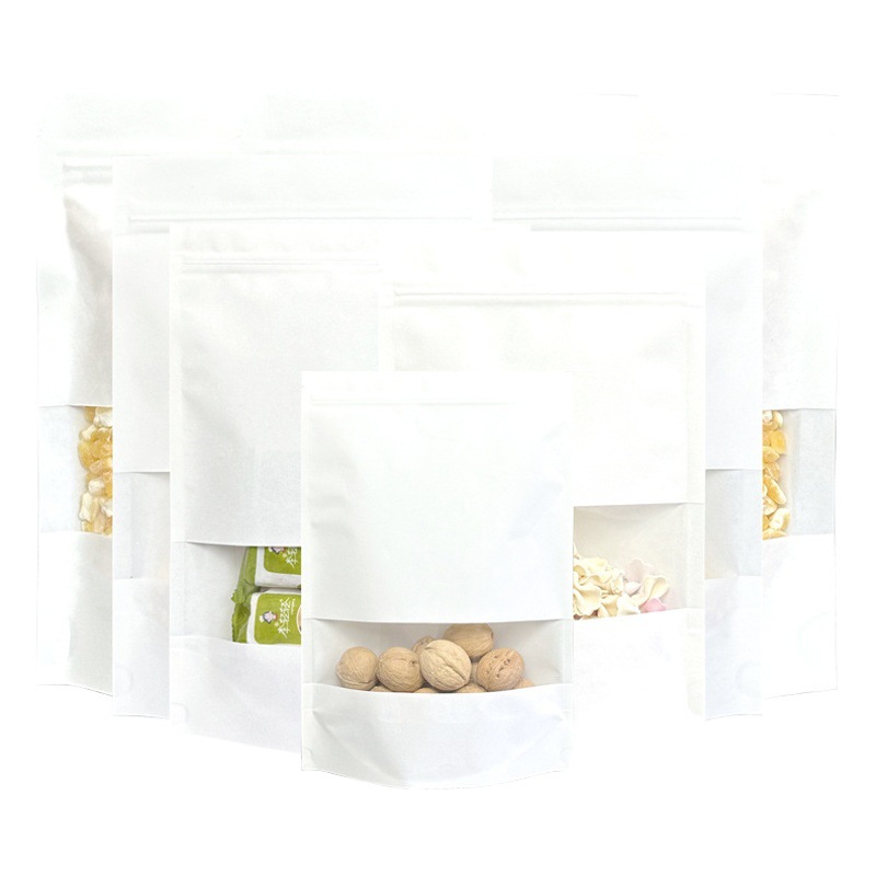 In stock white kraft paper ziplock bag HD window thickened tea nut food packaging bag dried fruit sealed bag