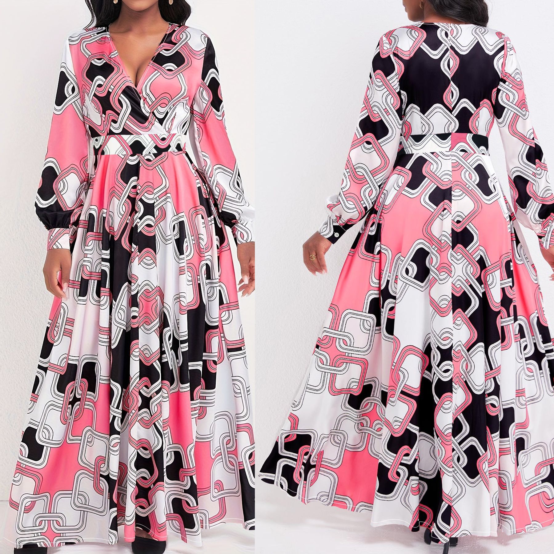 Picture of Cross-border Amazon European and American Women's New Fashion Elegant Elegant Printed V-neck No Belt Large dress