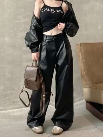 AliExpress Loose Leather Pants Women's New Spring and Autumn Korean Style Retro High Waist Straight Slimming Casual Pants Leather Wide Leg Pants
